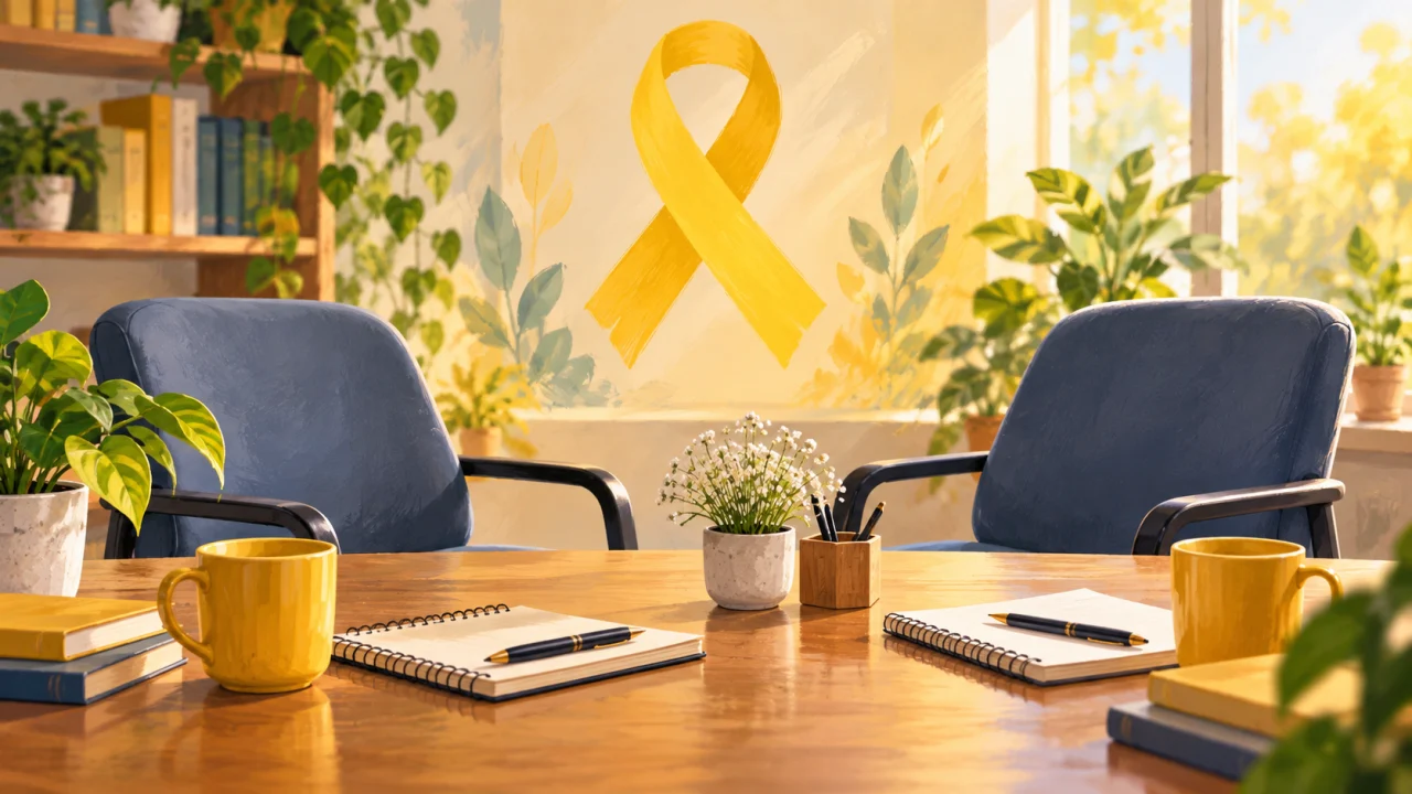 Ilustração de duas cadeiras, cadernos e laço amarelo simbolizando escuta e cuidado com a saúde mental. Gerada por IA.