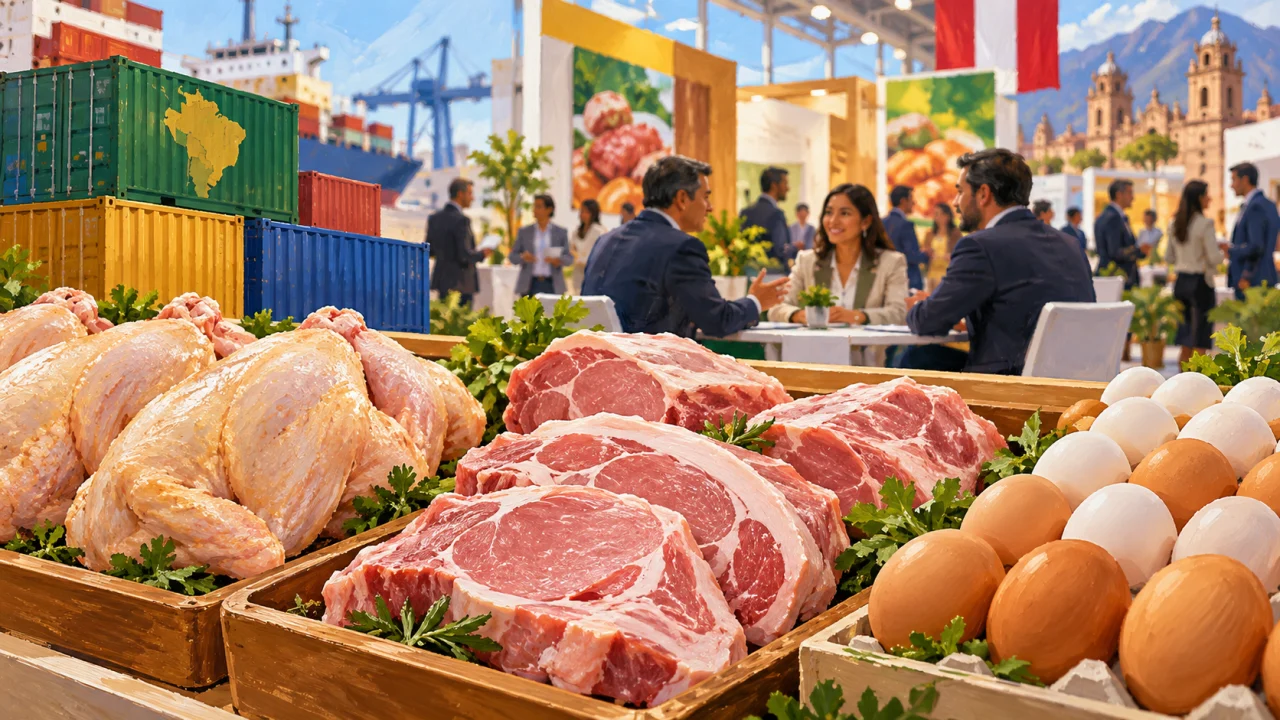 Ilustração de carnes, ovos, contêineres e encontros comerciais simbolizando o comércio de proteína animal. Gerada por IA.