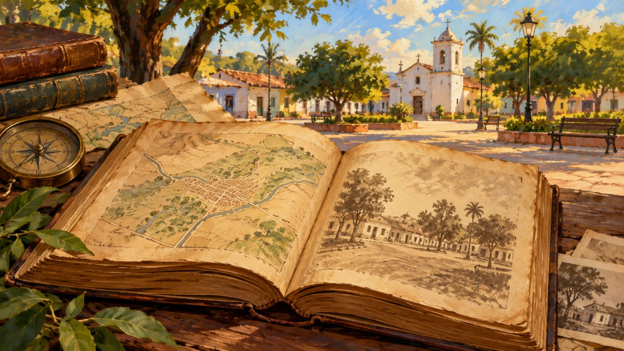 Ilustração de livro histórico e mapa diante de praça genérica, simbolizando a memória municipal. Gerada por IA.