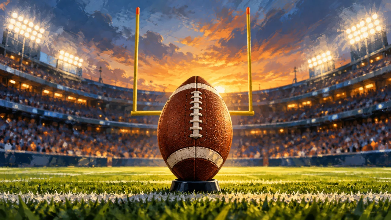 Ilustração de bola de futebol americano em campo com traves ao fundo. Gerada por IA.
