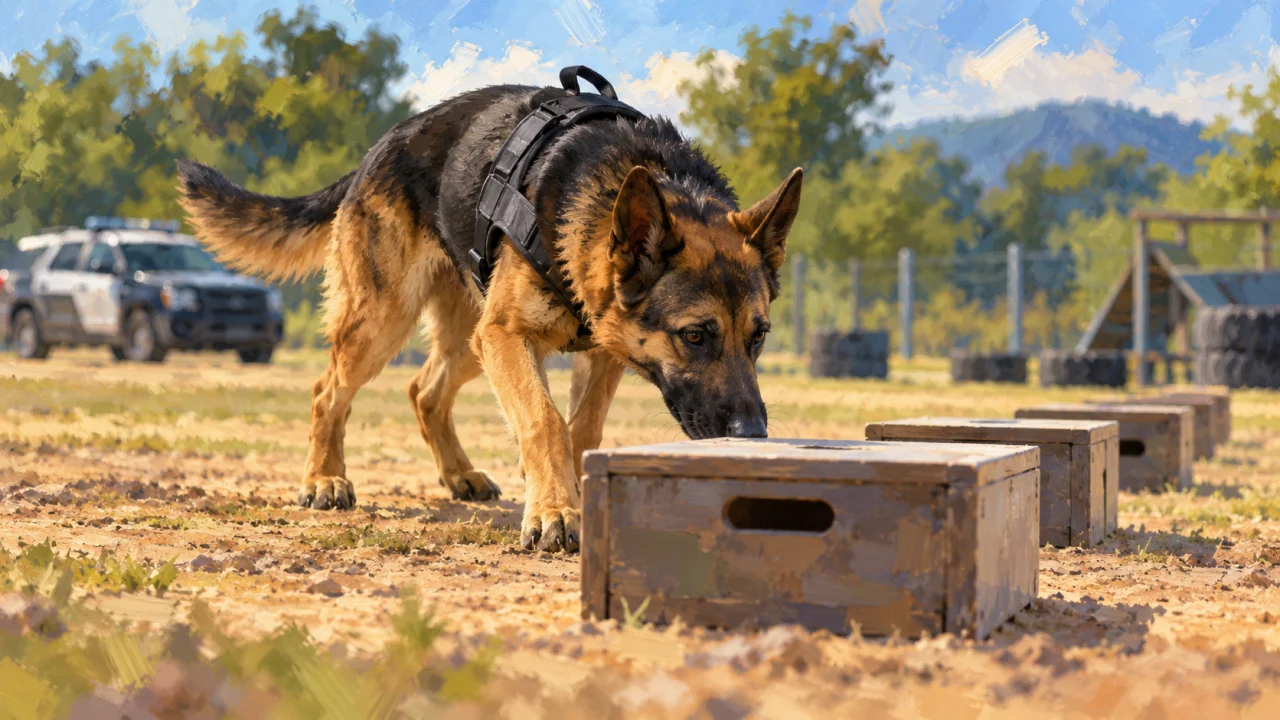 Ilustração de cão farejador em exercício com caixas de treinamento. Gerada por IA.