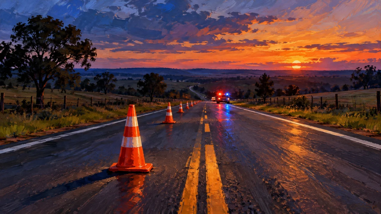 Ilustração de rodovia com cones de sinalização e luzes de emergência ao fundo. Gerada por IA.