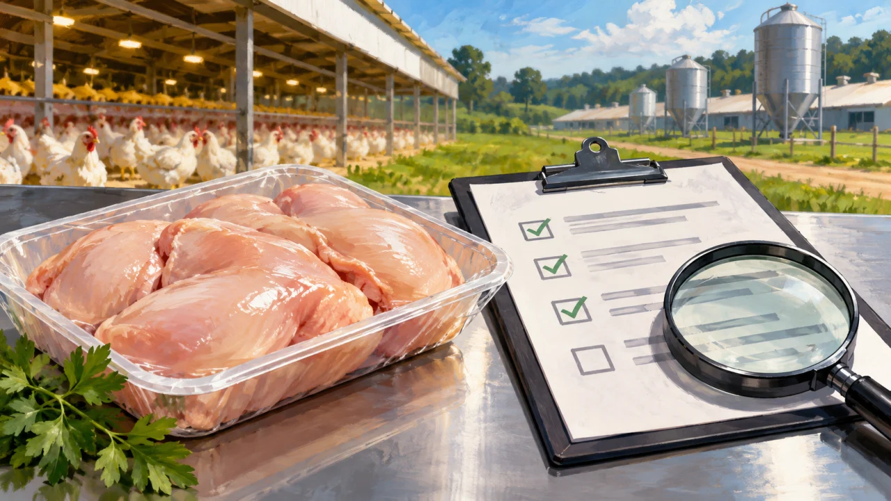 Ilustração de carne de aves, prancheta e lupa simbolizando auditoria sanitária. Gerada por IA.