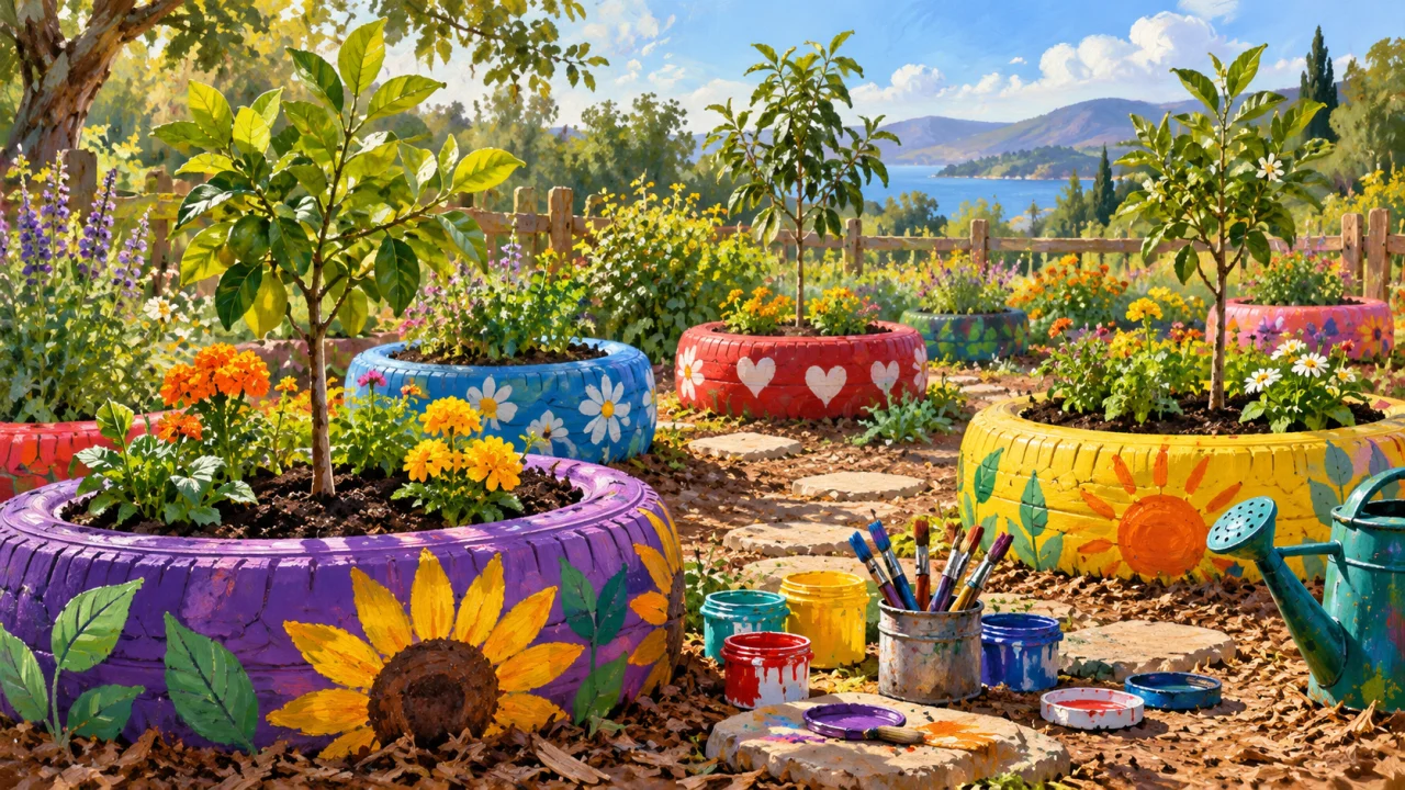 Jardim ilustrativo com pneus coloridos, mudas e materiais de pintura, simbolizando acolhimento.