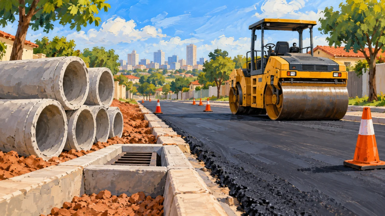 Ilustração de rolo compactador, tubos de concreto e bueiro em rua residencial genérica.