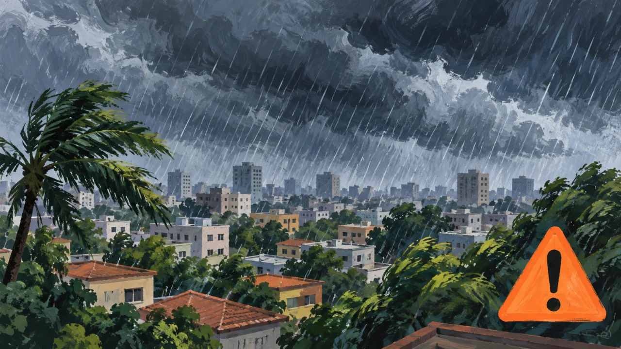 Ilustração de nuvens de chuva sobre cidade genérica e símbolo laranja de atenção.