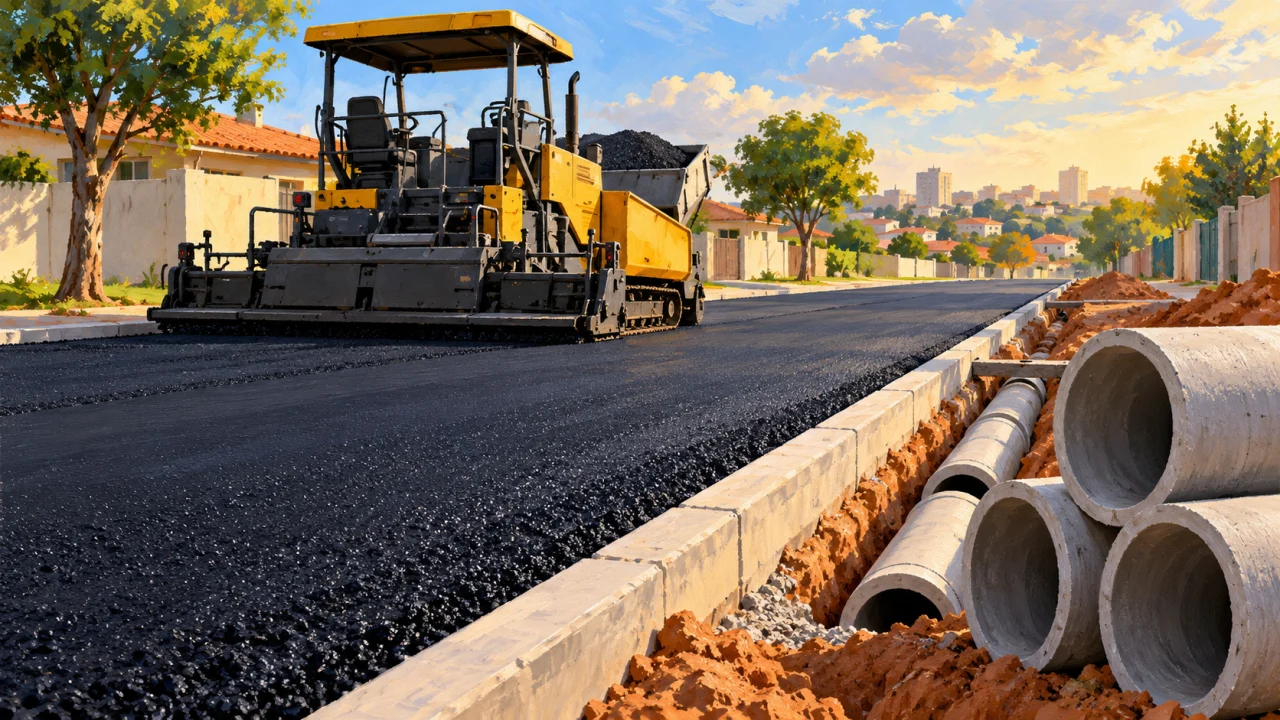 Ilustração de pavimentadora e tubos de drenagem em rua residencial genérica.