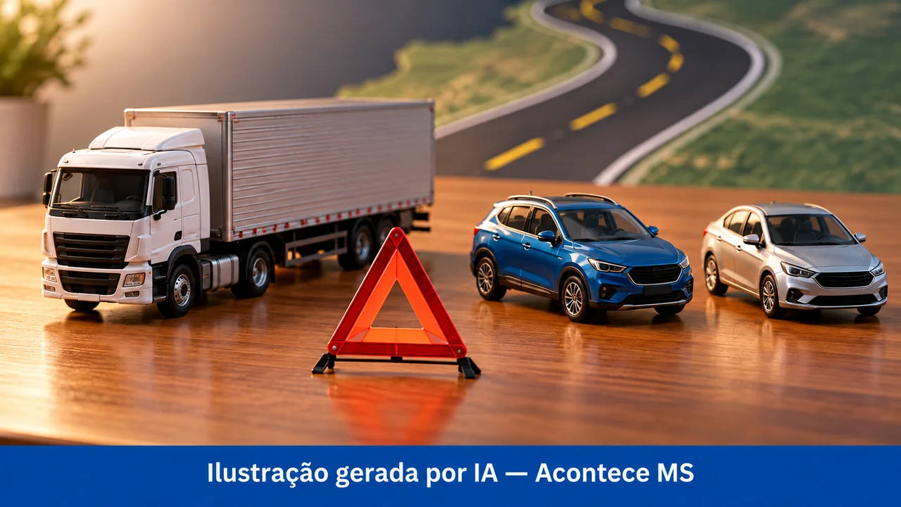 Miniaturas de caminhão e dois carros separados ao lado de triângulo de sinalização. Ilustração gerada por IA — Acontece MS; não é fotografia do fato.