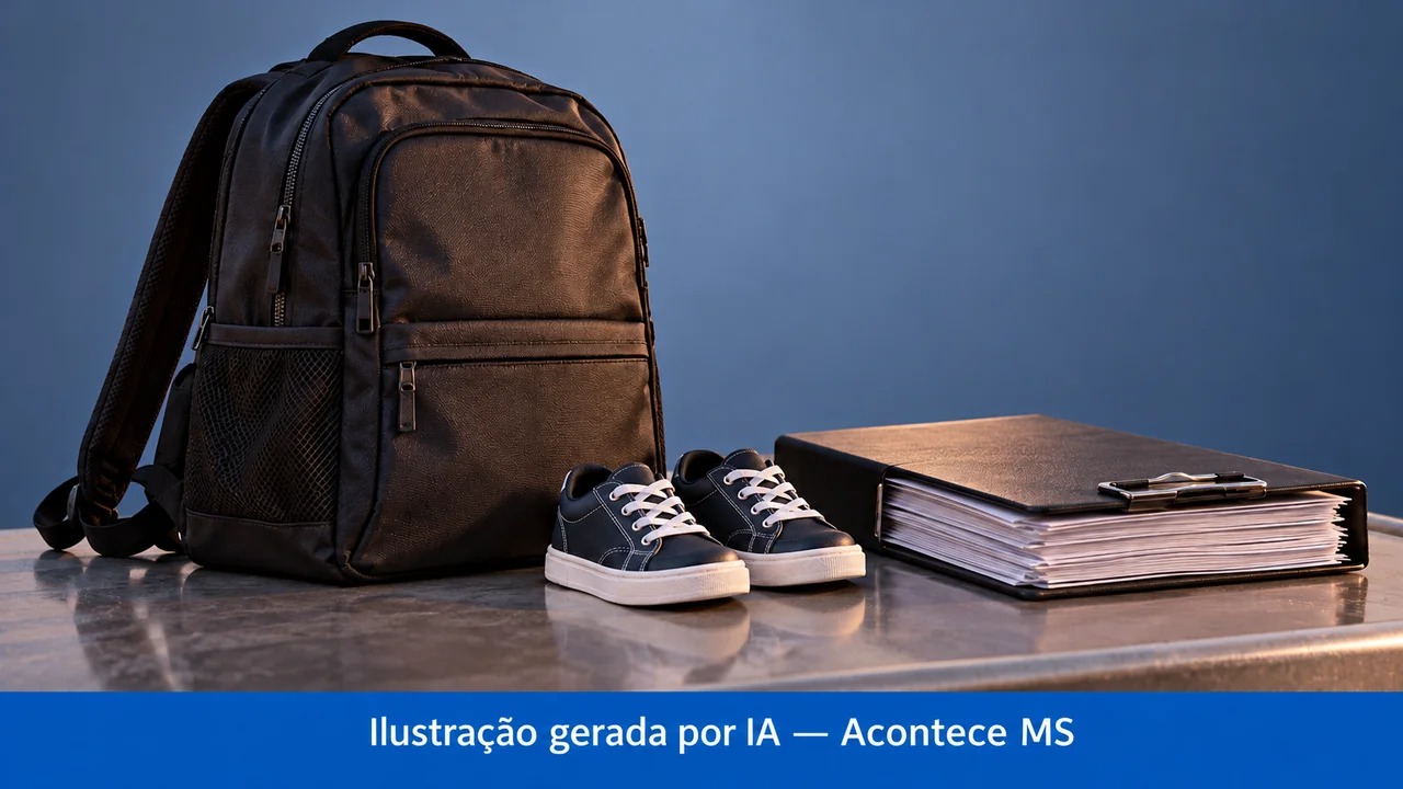 Objetos em miniatura e documentos em composição simbólica de fiscalização ou investigação. Ilustração gerada por IA — Acontece MS; não é fotografia do fato.