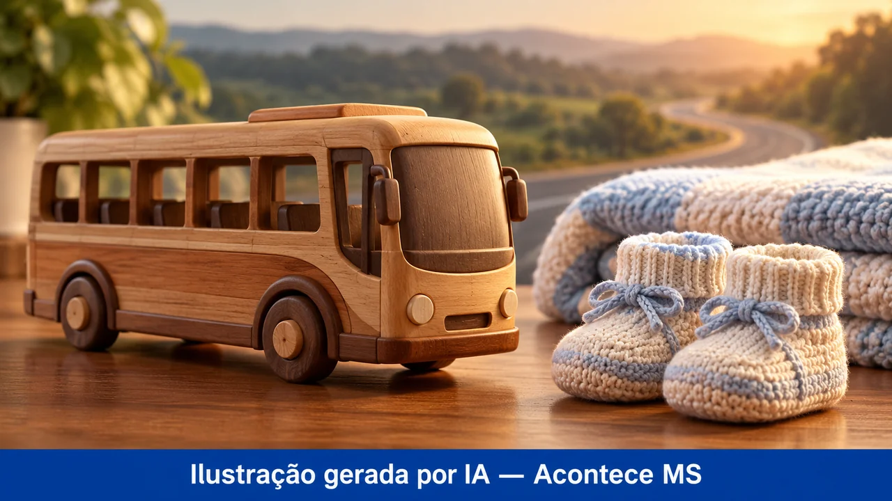 Ônibus de madeira, sapatinhos de tricô e manta simbolizam notícia de nascimento durante viagem, sem retratar a família. Ilustração gerada por IA — Acontece MS; não é fotografia do fato.