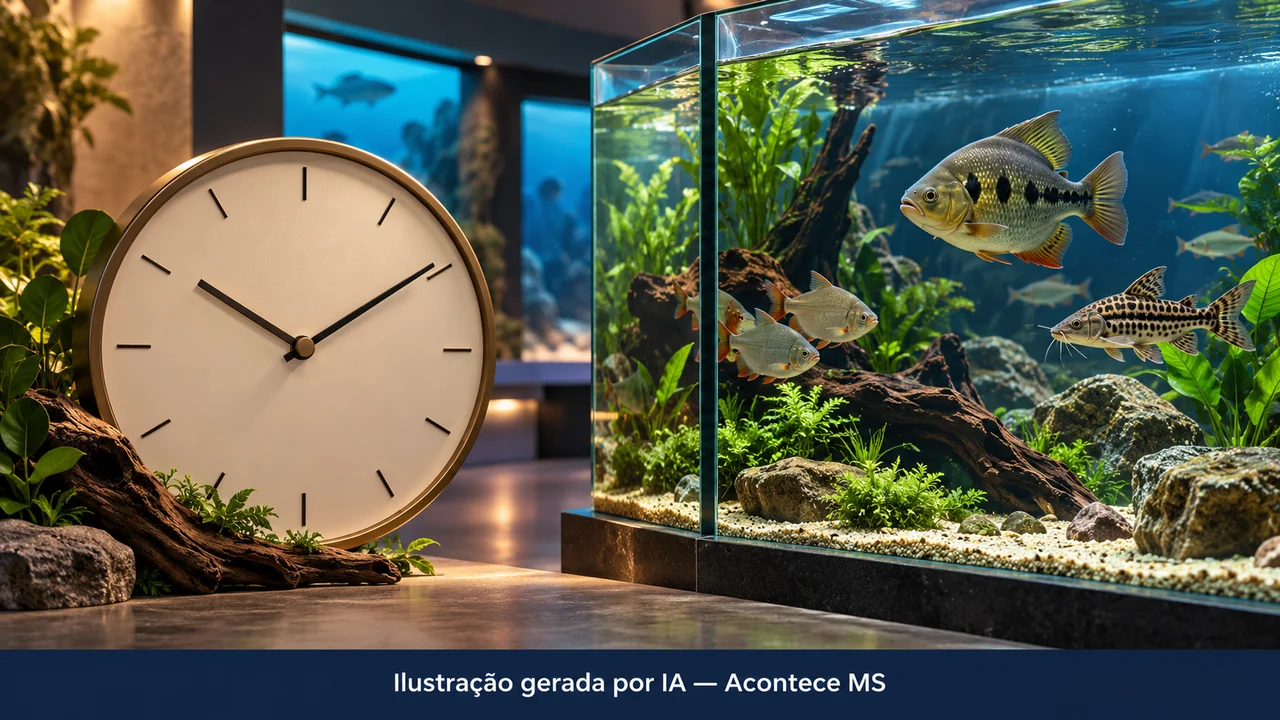 Relógio e aquário simbólico representam horário especial de visitação, sem retratar o Bioparque real. Ilustração gerada por IA — Acontece MS; não é fotografia do fato.