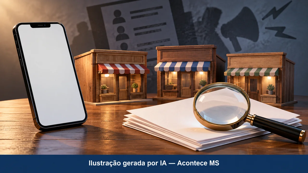 Telefone sem mensagens, fachadas comerciais em miniatura e lupa simbolizam apuração sobre listas de boicote. Ilustração gerada por IA — Acontece MS; não é fotografia do fato.