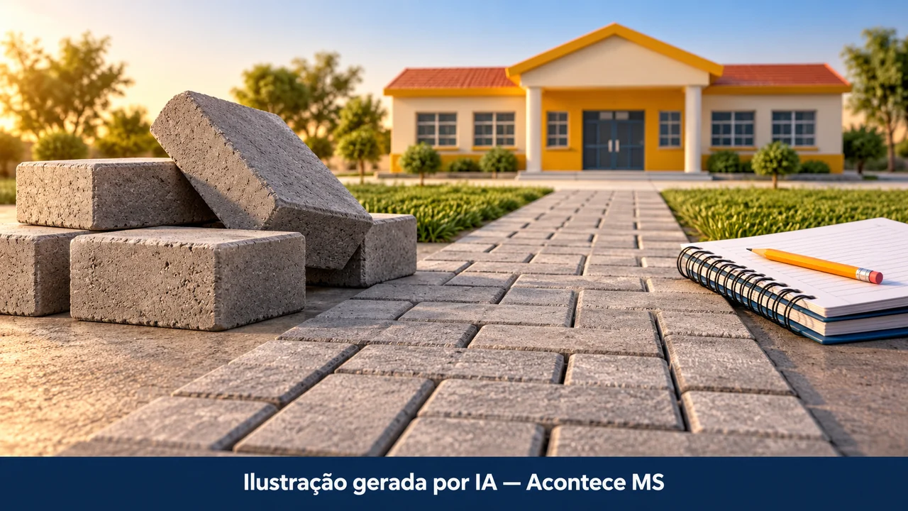 Blocos de concreto, caminho e escola genérica em miniatura simbolizam melhoria no acesso escolar. Ilustração gerada por IA — Acontece MS; não é fotografia do fato.