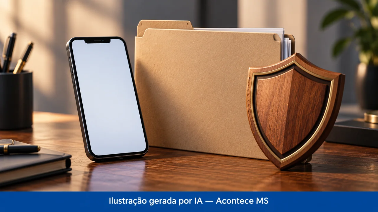 Telefone de tela vazia, pasta e escudo de madeira em composição simbólica. Ilustração gerada por IA — Acontece MS; não é fotografia do fato.