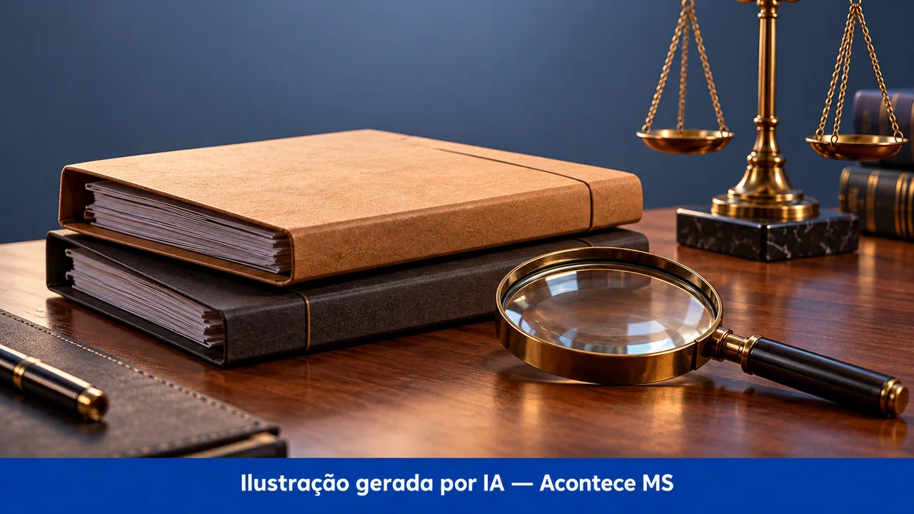Objetos em miniatura e documentos em composição simbólica de fiscalização ou investigação. Ilustração gerada por IA — Acontece MS; não é fotografia do fato.
