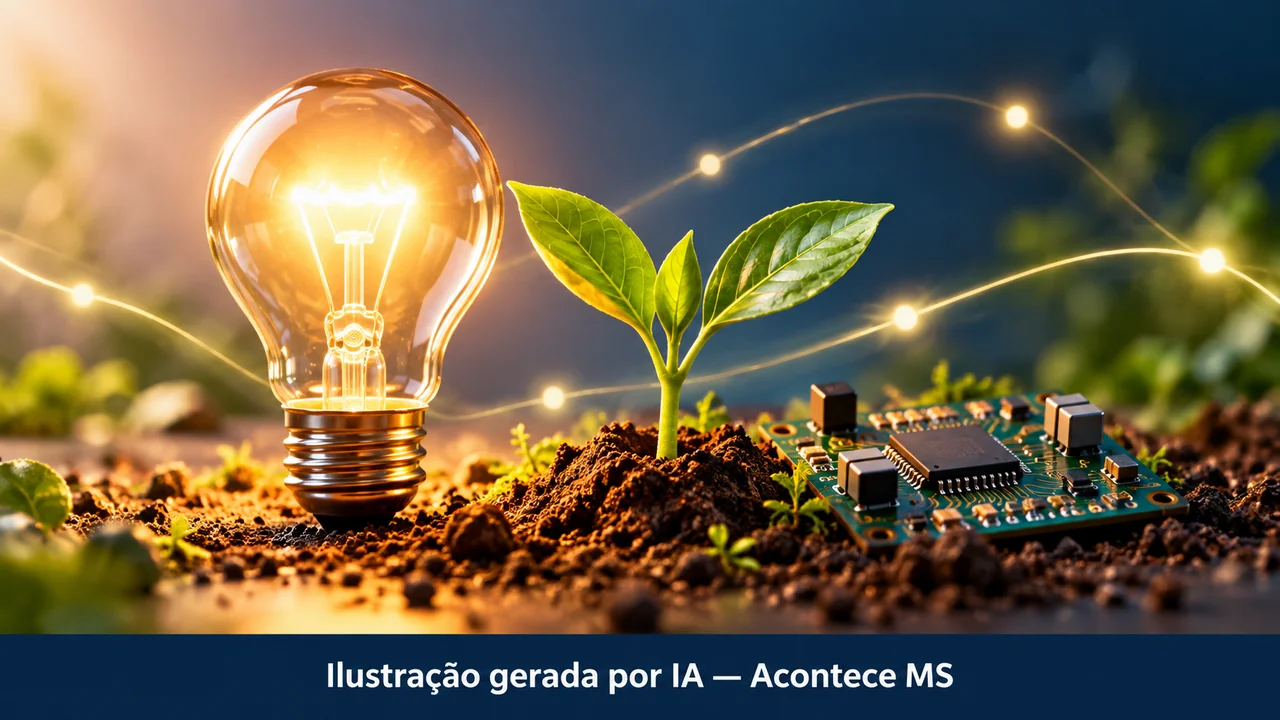 Lâmpada, broto e circuito eletrônico simbolizam desenvolvimento de ideias inovadoras. Ilustração gerada por IA — Acontece MS; não é fotografia do fato.