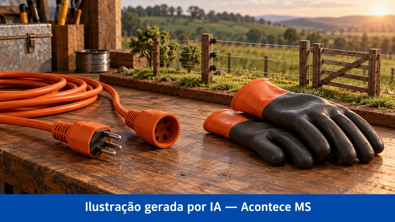 Extensão desconectada e luvas sobre bancada com maquete de cerca rural. Ilustração gerada por IA — Acontece MS; não é fotografia do fato.