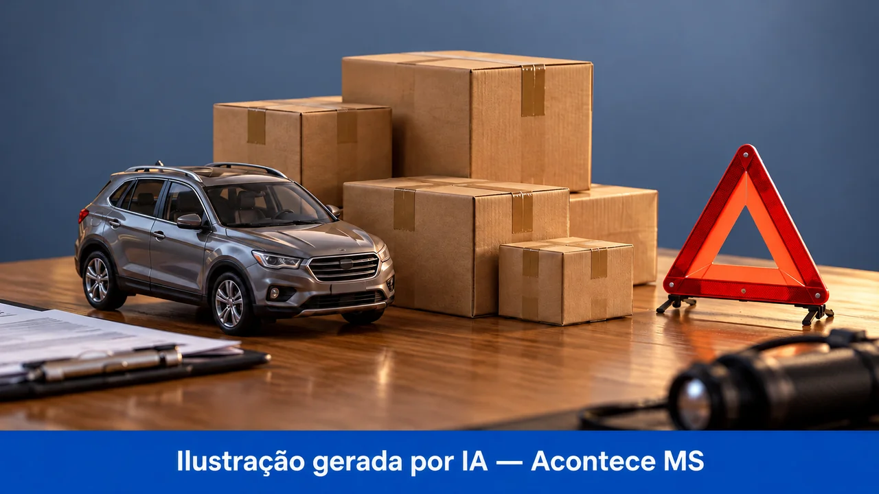 Objetos em miniatura e documentos em composição simbólica de fiscalização ou investigação. Ilustração gerada por IA — Acontece MS; não é fotografia do fato.