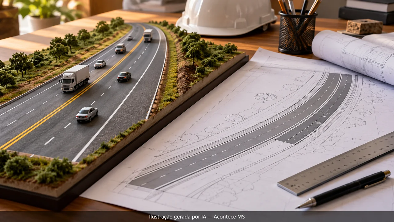 Maquete conceitual de rodovia ao lado de projeto de faixa adicional, sem representar obra executada. Ilustração gerada por IA — Acontece MS; não é fotografia do fato.