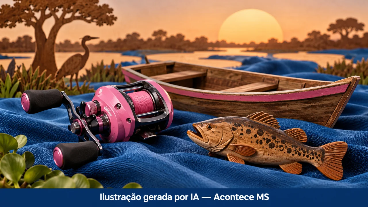 Carretilha rosa, barco e peixe de madeira sobre tecido azul simbolizam pesca esportiva feminina. Ilustração gerada por IA — Acontece MS; não é fotografia do fato.