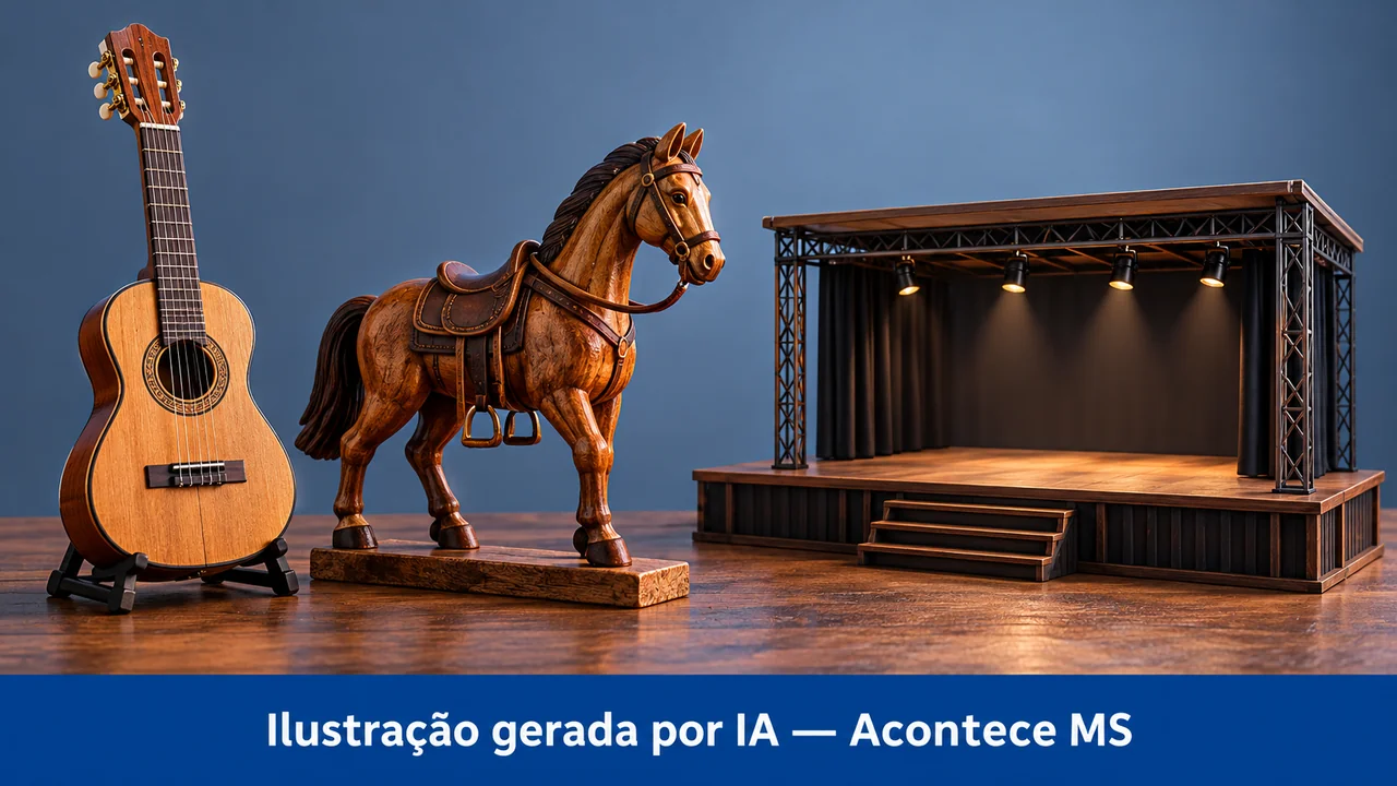 Miniaturas de palco, violão e cavalo de madeira. Ilustração gerada por IA — Acontece MS; não é fotografia do fato.