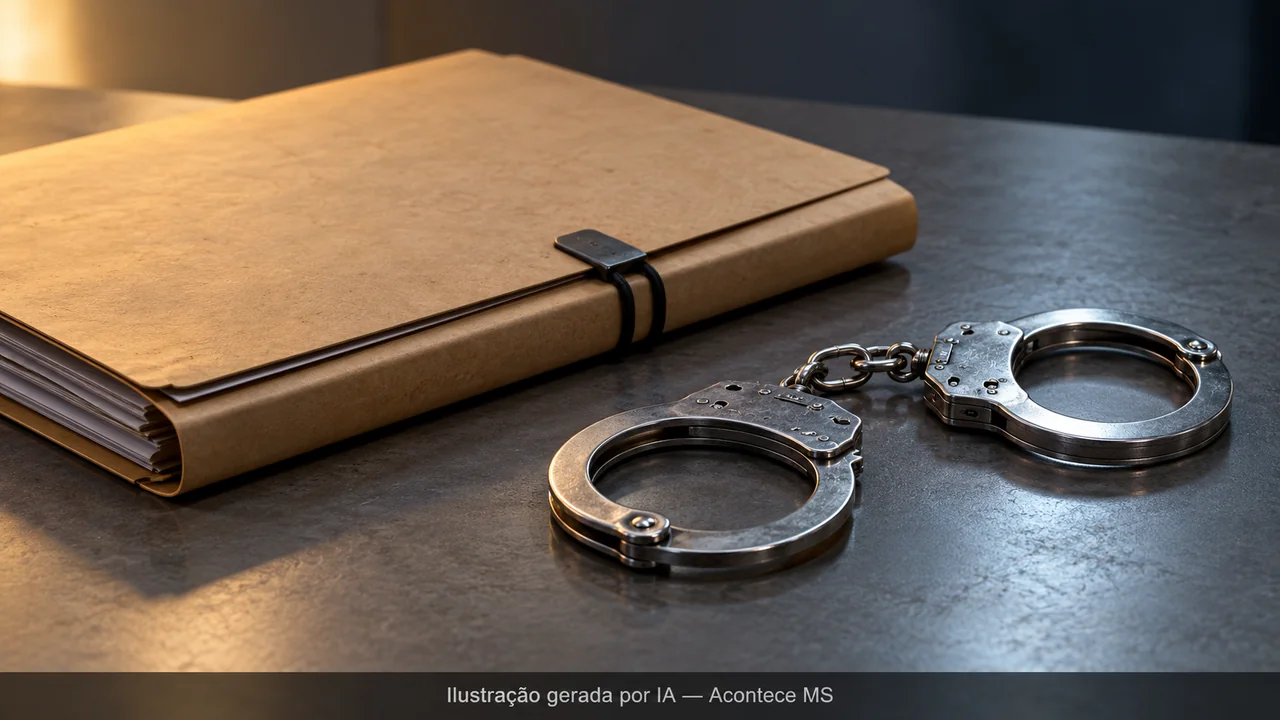 Pasta fechada e algemas separadas em composição ilustrativa de investigação policial. Ilustração gerada por IA — Acontece MS; não é fotografia do fato.