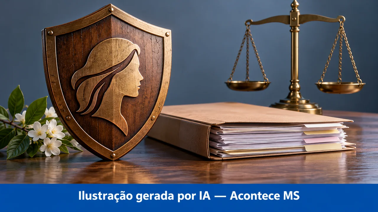 Objetos em miniatura e documentos em ilustração conceitual de investigação e proteção. Ilustração gerada por IA — Acontece MS; não é fotografia do fato.