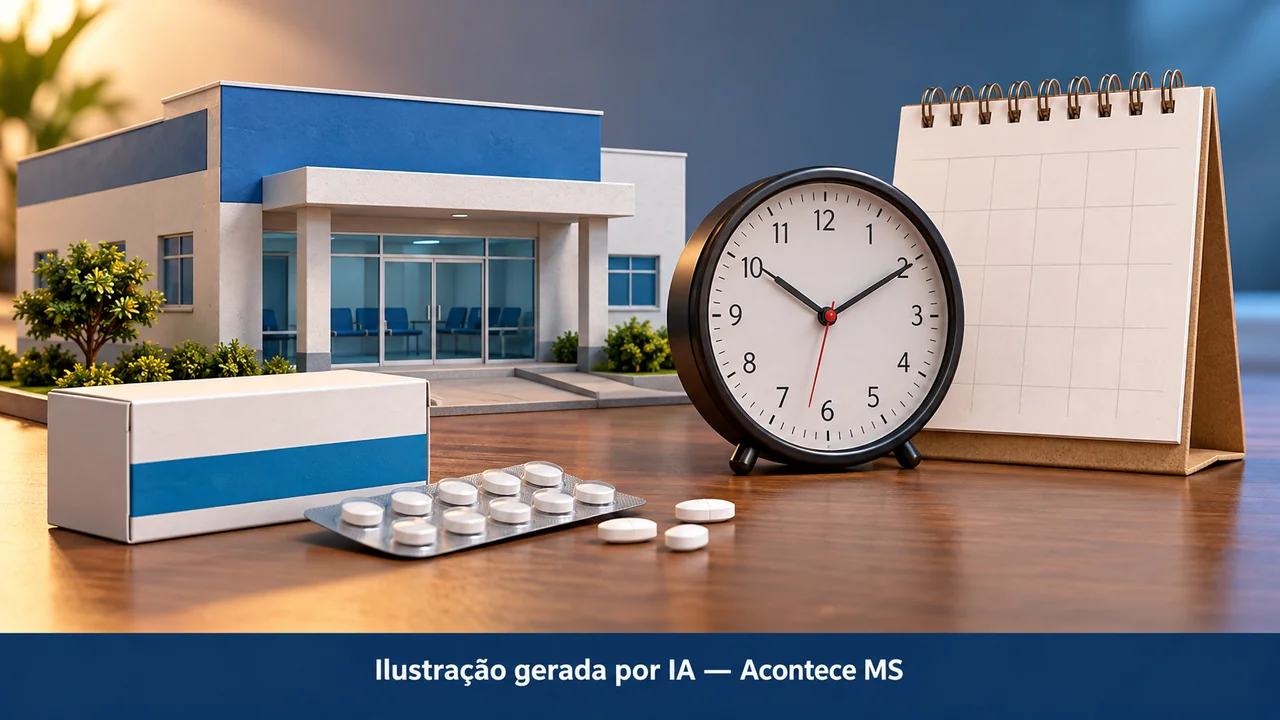 Miniatura genérica de unidade de saúde, medicamentos sem marca, relógio e calendário simbolizam os plantões do feriado. Ilustração gerada por IA — Acontece MS; não é fotografia do fato.