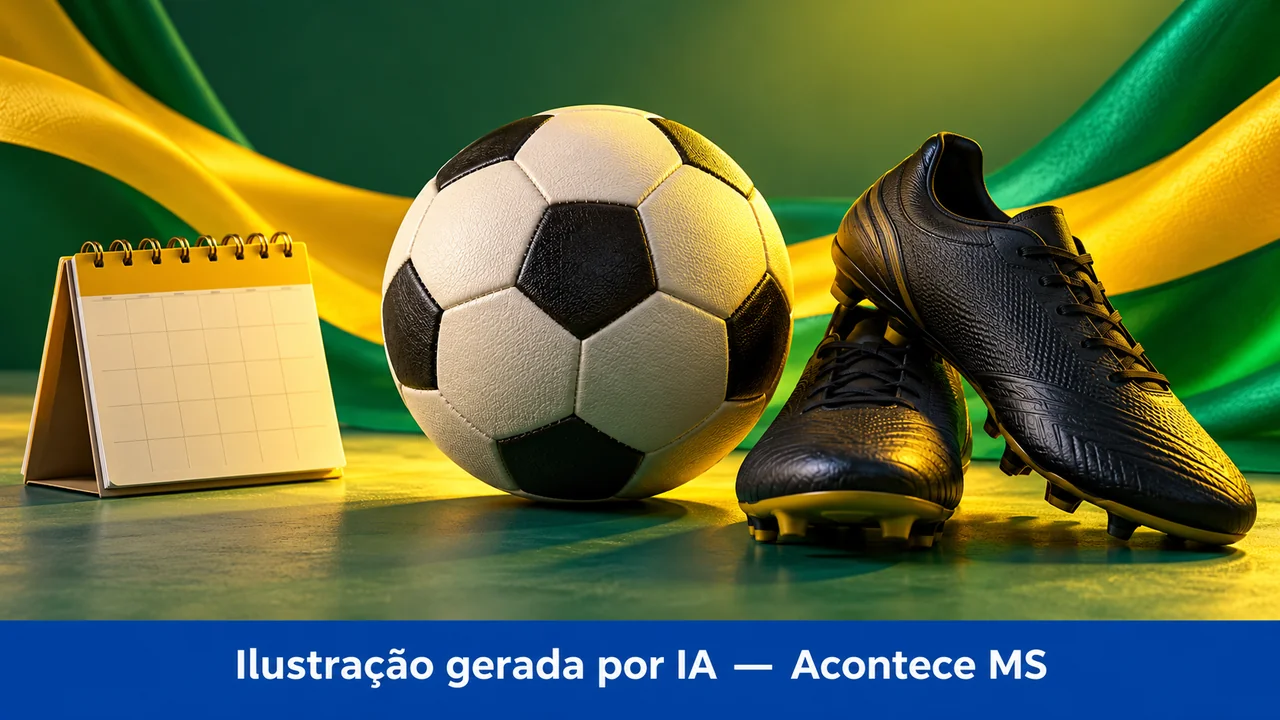 Bola, chuteiras e calendário sobre cenário verde e amarelo simbolizam convocação de futebol, sem retratar jogador real. Ilustração gerada por IA — Acontece MS; não é fotografia do fato.