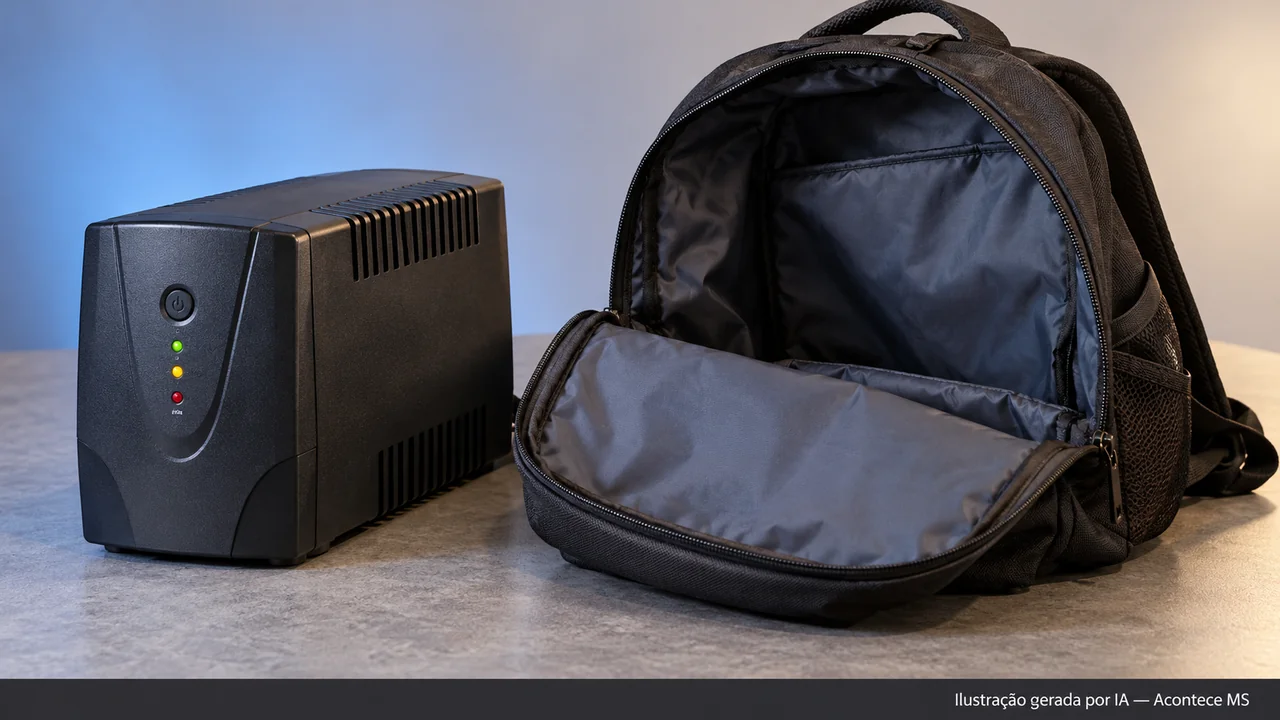 Estabilizador genérico e mochila sobre bancada em composição ilustrativa, sem representar o equipamento do fato. Ilustração gerada por IA — Acontece MS; não é fotografia do fato.