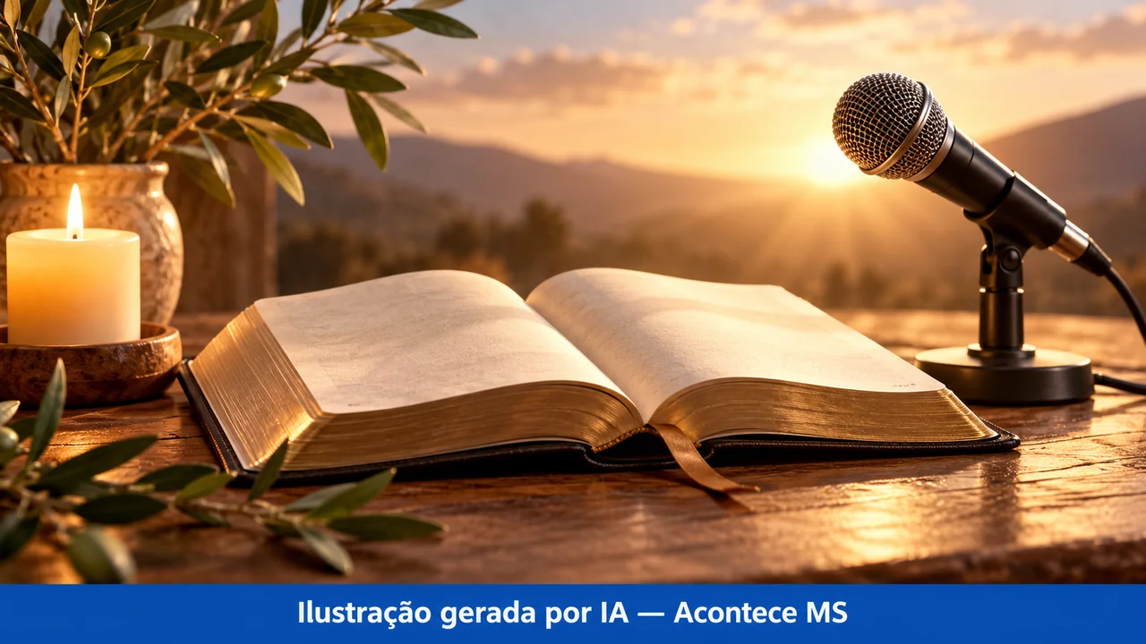 Livro aberto, microfone e luz quente simbolizam encontro religioso, sem retratar igreja ou participantes reais. Ilustração gerada por IA — Acontece MS; não é fotografia do fato.