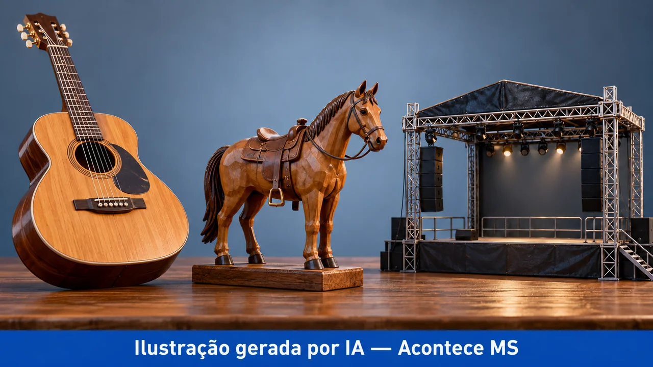 Violão, cavalo de madeira e palco vazio em miniatura. Ilustração gerada por IA — Acontece MS; não é fotografia do fato.