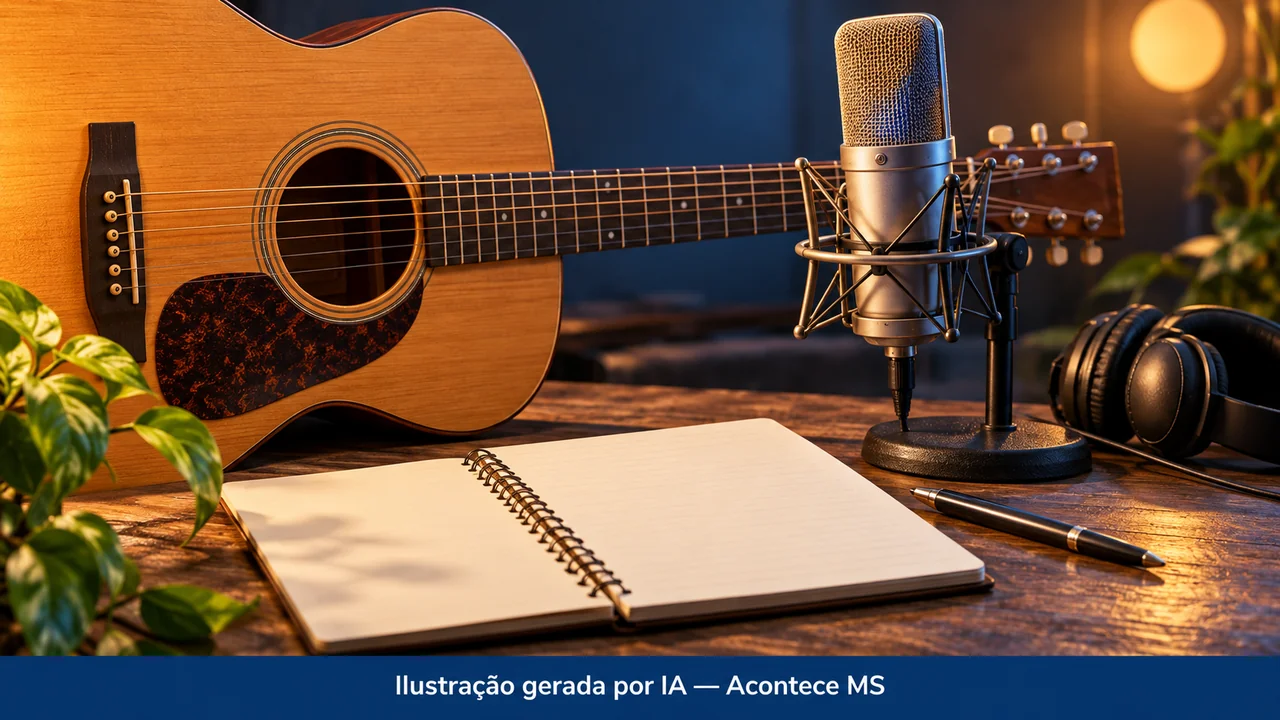 Violão, microfone e caderno de composição simbolizam festival de música autoral. Ilustração gerada por IA — Acontece MS; não é fotografia do fato.