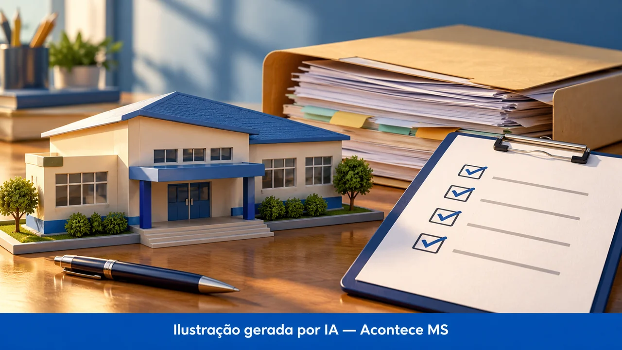 Maquete genérica de escola, pasta de documentos e lista de verificação sobre mesa. Ilustração gerada por IA — Acontece MS; não é fotografia do fato.
