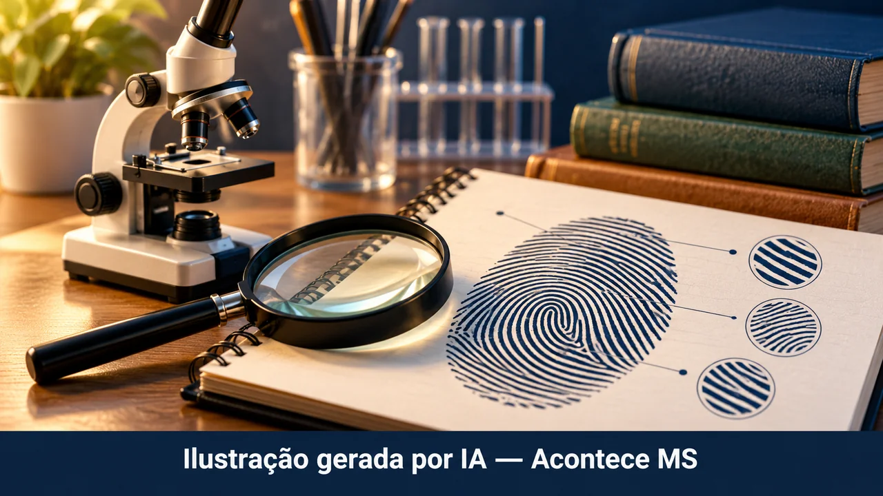 Microscópio, lupa e impressão digital fictícia em caderno simbolizam educação em ciência forense. Ilustração gerada por IA — Acontece MS; não é fotografia do fato.