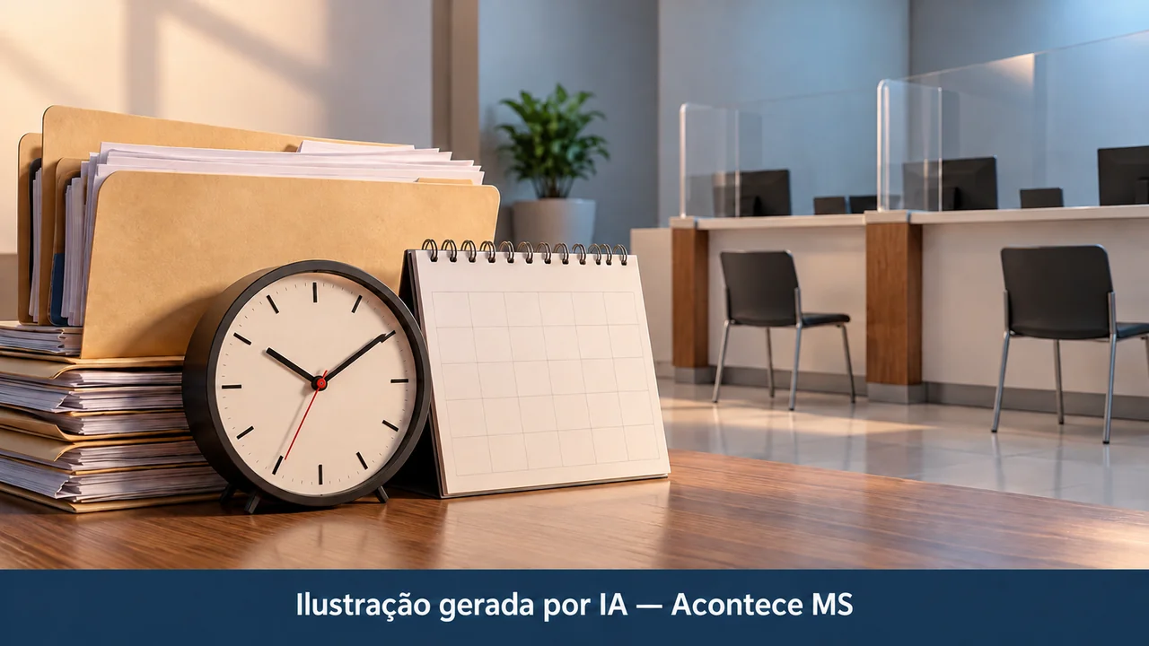 Pasta, relógio e calendário em balcão cenográfico simbolizam o calendário de atendimento. Ilustração gerada por IA — Acontece MS; não é fotografia do fato.