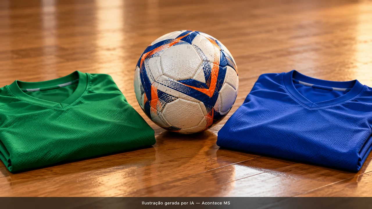 Bola de futsal e camisas sem brasões em composição ilustrativa de estúdio. Ilustração gerada por IA — Acontece MS; não é fotografia do fato.