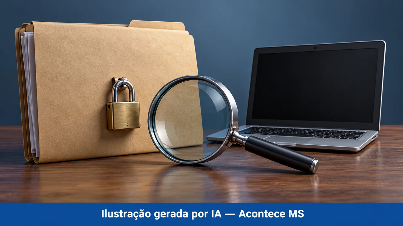 Pasta fechada, cadeado, lupa e miniatura de computador em composição simbólica de investigação. Ilustração gerada por IA — Acontece MS; não é fotografia do fato.