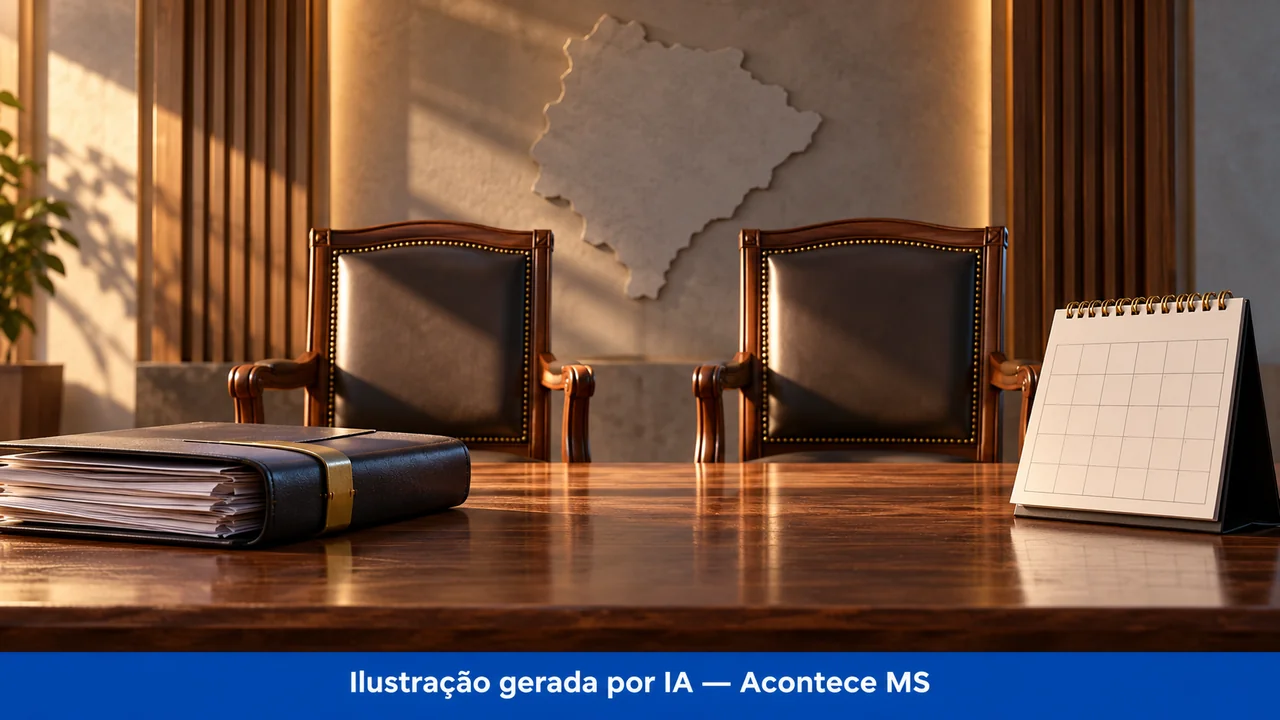 Duas cadeiras vazias, pasta e calendário cenográficos simbolizam substituição temporária no governo. Ilustração gerada por IA — Acontece MS; não é fotografia do fato.