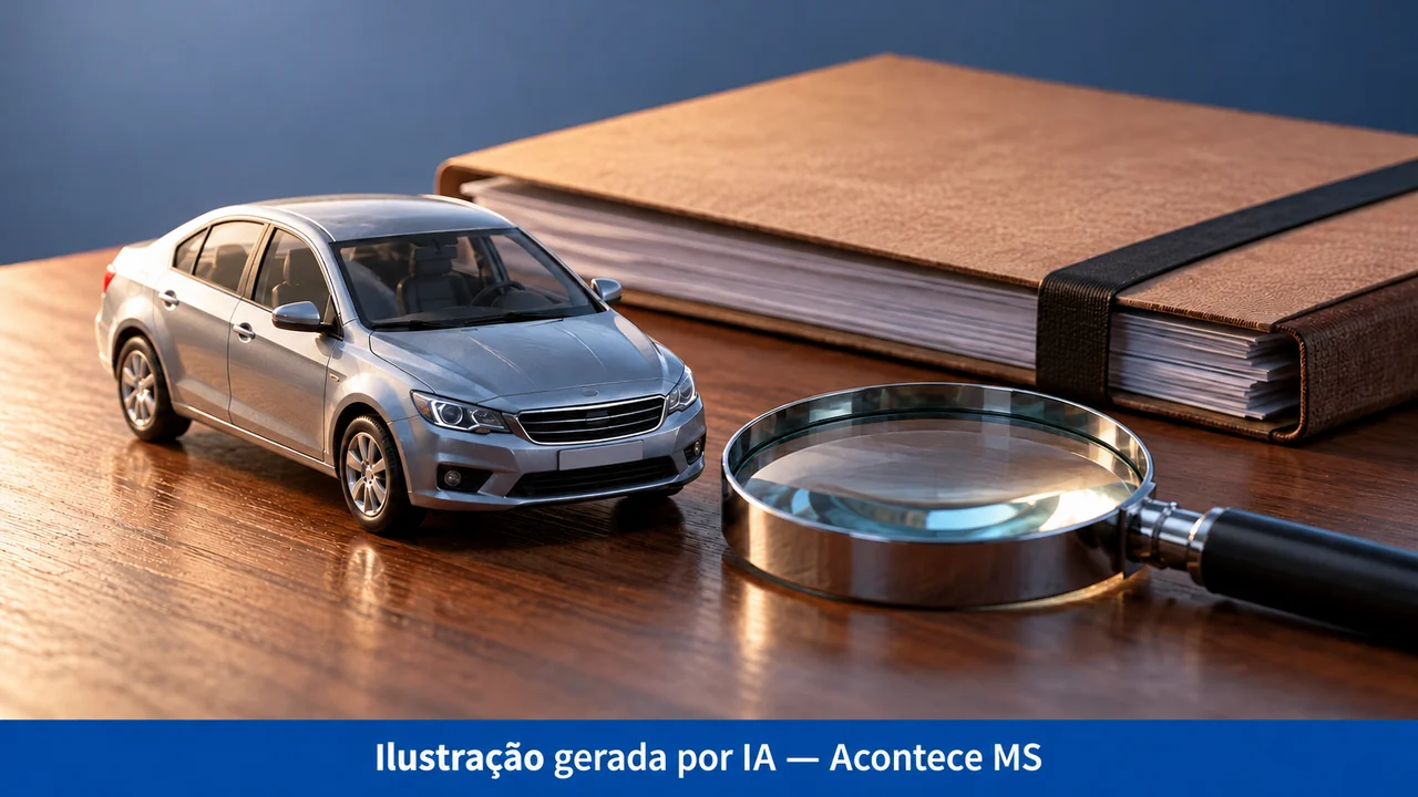Objetos em miniatura e documentos em composição simbólica de fiscalização ou investigação. Ilustração gerada por IA — Acontece MS; não é fotografia do fato.