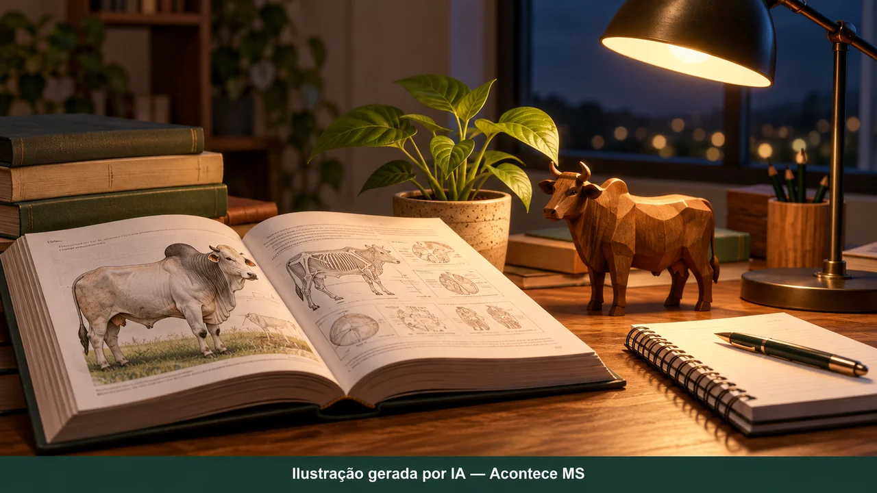 Livro, caderno, miniatura de bovino de madeira e planta simbolizam formação técnica em Zootecnia. Ilustração gerada por IA — Acontece MS; não é fotografia do fato.