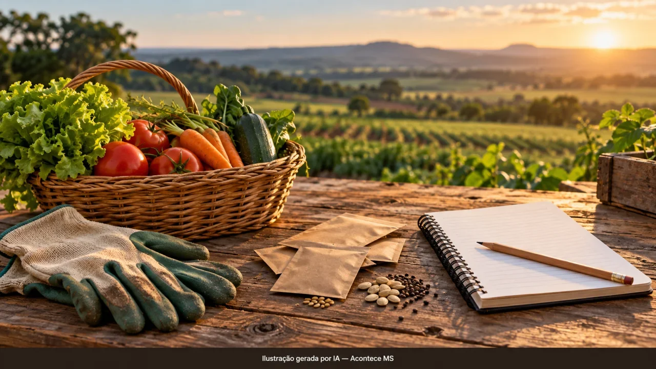 Ilustração conceitual de produtos da agricultura familiar, luvas e caderno financeiro sobre crédito rural. Ilustração gerada por IA — Acontece MS.