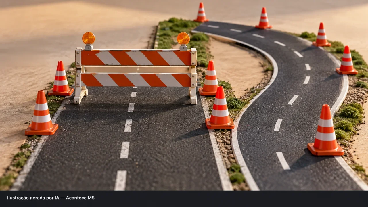 Ilustração conceitual de miniaturas de cones, barreira e desvio em via abstrata, sem indicar rotas reais. Ilustração gerada por IA — Acontece MS.