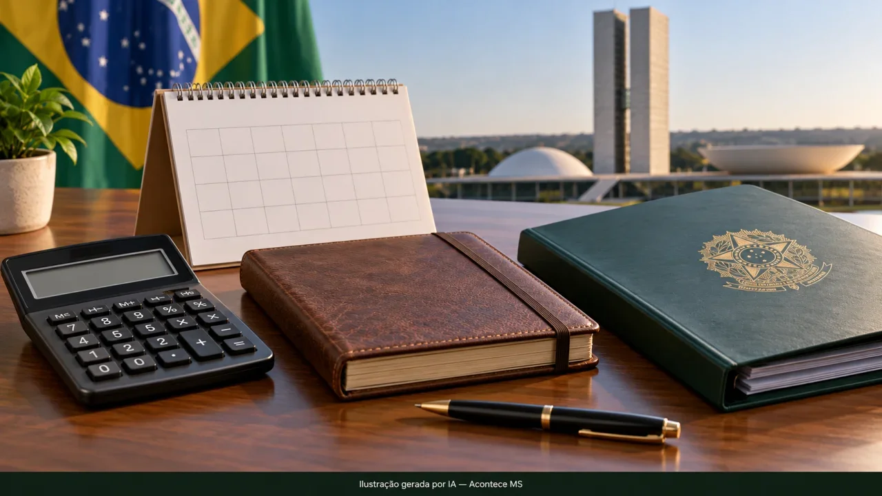 Ilustração conceitual de calculadora, livro de contas e planejamento legislativo sobre proposta de reajuste do Simples Nacional. Ilustração gerada por IA — Acontece MS.
