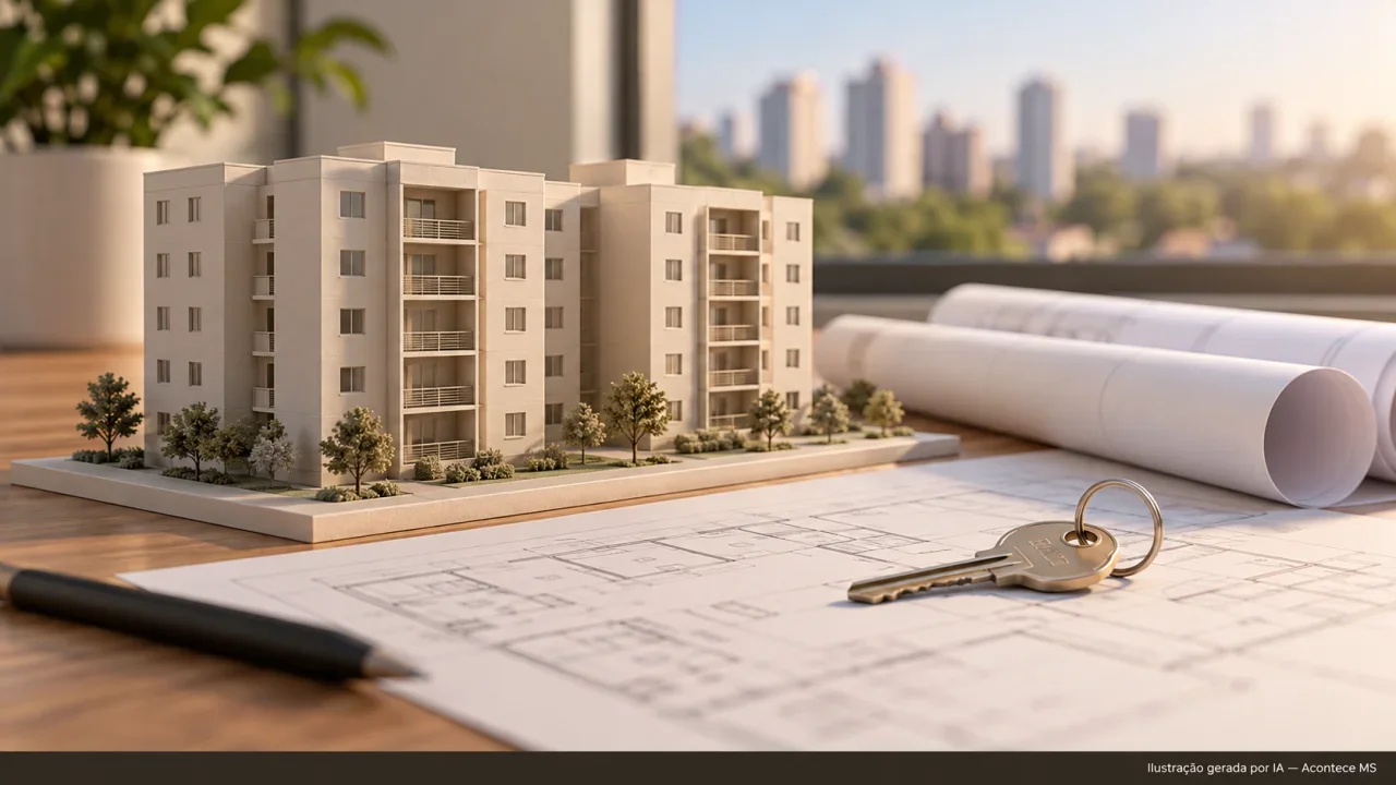 Ilustração conceitual de maquete genérica de prédio residencial, chave e plantas sem identificação; não representa o projeto dos empreendimentos citados. Ilustração gerada por IA — Acontece MS.