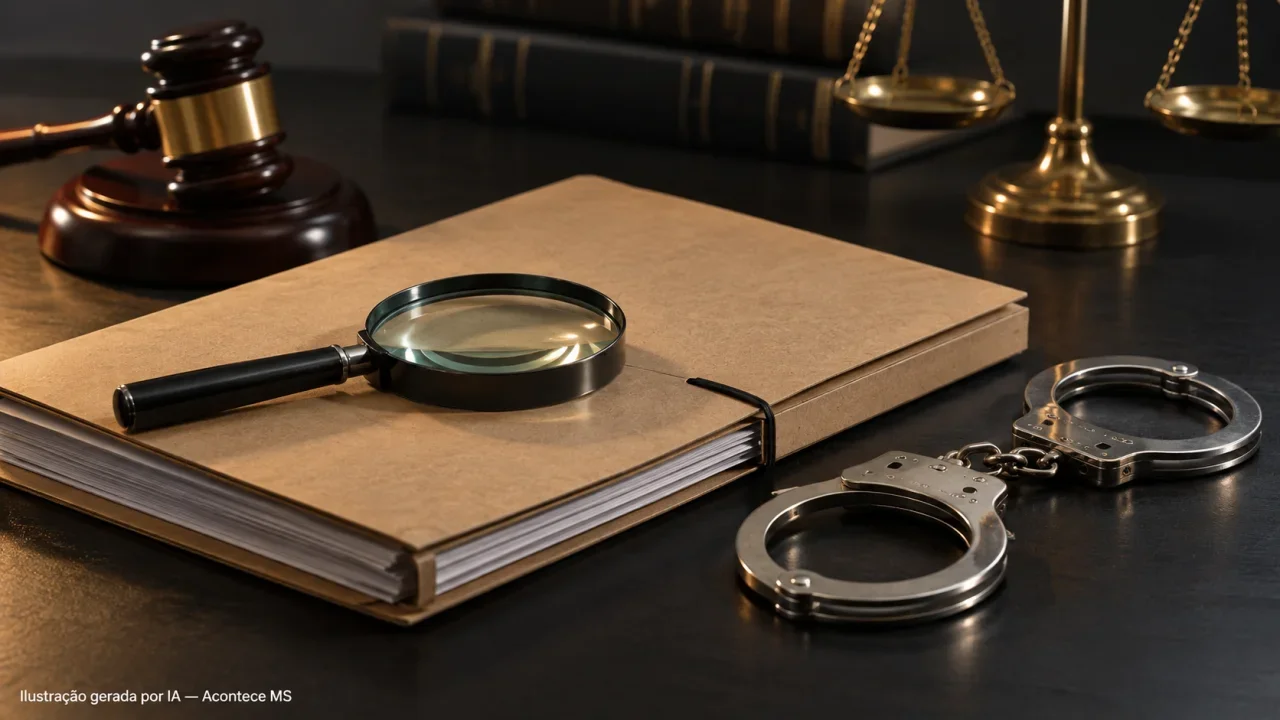 Ilustração conceitual de pasta judicial, lupa e algemas, sem representar o investigado ou a prisão em Caarapó. Ilustração gerada por IA — Acontece MS.