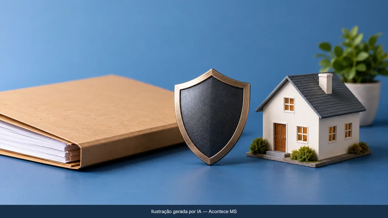 Ilustração conceitual de escudo, pasta judicial e casa em miniatura sobre proteção contra violência doméstica; não retrata pessoas ou ocorrências. Ilustração gerada por IA — Acontece MS.