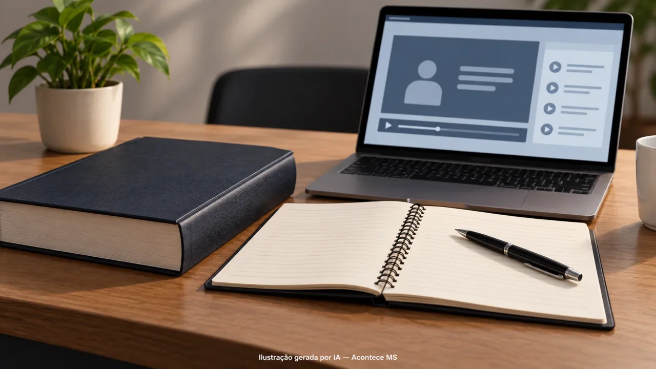 Ilustração conceitual de manual, caderno e computador em mesa de capacitação institucional; não reproduz curso, certificado ou documentos reais. Ilustração gerada por IA — Acontece MS.