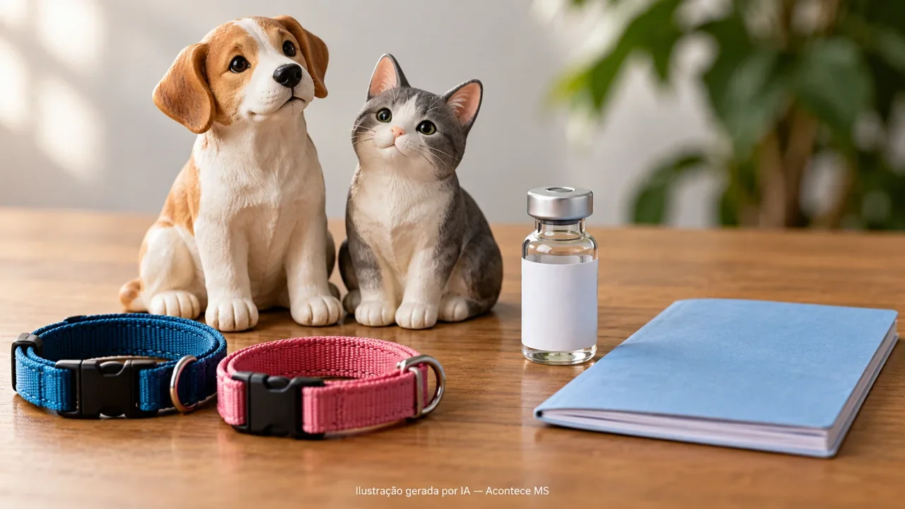 Ilustração conceitual de miniaturas de cão e gato, coleiras, caderneta e frasco sem identificação sobre vacinação antirrábica; não representa campanha ou aplicação reais. Ilustração gerada por IA — Acontece MS.