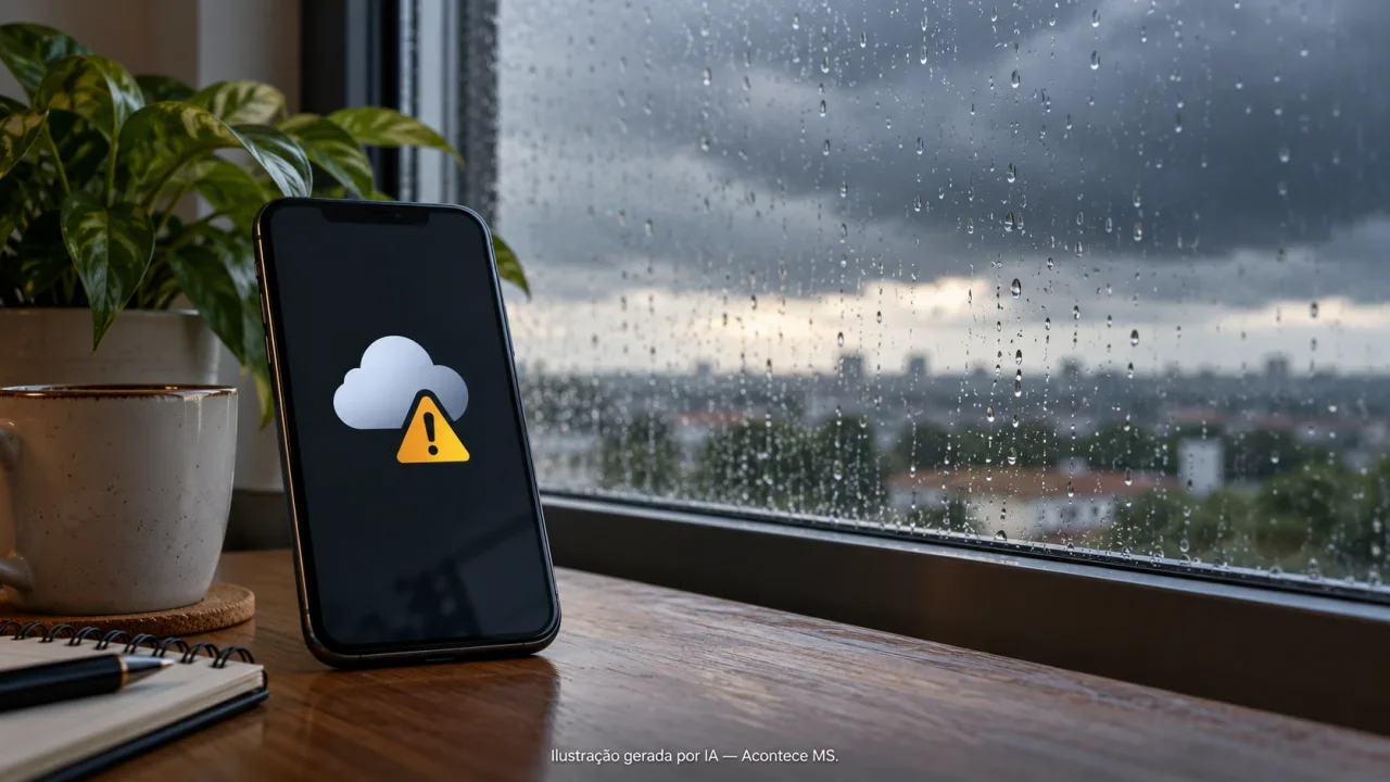 Ilustração conceitual de celular com símbolo de alerta climático junto a uma janela com chuva; não representa mensagem oficial ou temporal real. Ilustração gerada por IA — Acontece MS.